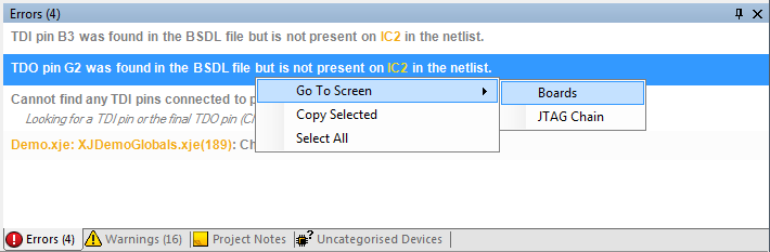 Context menu option to go to screens from an error